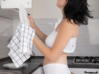 Brunette amateur Queenlin bares her big tits & spreads her muff in the kitchen - Photo #1
