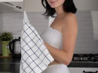 Brunette amateur Queenlin bares her big tits & spreads her muff in the kitchen - Photo #2