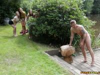 Lucky fella receives a triple blowjob in public from insatiable teenage babes - Photo #5