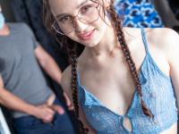 Liz Jordan wears her glasses while taking part in a blowbang at an adult store - Photo #11