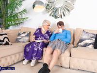 Fat blonde granny in glasses Caroline V gets pounded in a garter belt - Photo #1