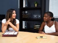 Teens Gianna Dior & Hazel Grace scissor in interracial lesbian office action - Photo #1