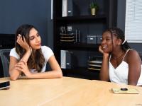 Teens Gianna Dior & Hazel Grace scissor in interracial lesbian office action - Photo #2