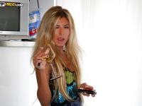 Slutty blonde coed gets her flat belly glazed with cum after a groupsex - Photo #1