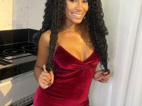 Cute ebony girl models a short red velvet dress as well as a black top and jeans - Photo #9