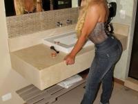 Blonde slut strips jeans and spreads her big round ass while getting fucked - Photo #1