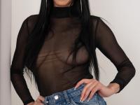 Sexy brunette Wild Nicol toys her shaved pussy under her sheer pantyhose - Photo #1