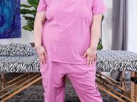 Asian BBW Thicc Asian Kai releases her saggy tits and big butt from pink scrubs - Photo #1