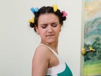 Cute teen Ramira uncovers big natural tits before freeing bush from pantyhose - Photo #3