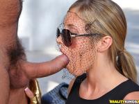 Clothed females with great legs find themselves sucking cock on a public bench - Photo #9