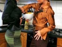 Classy European females somehow end up having a messy food fight in kitchen - Photo #2