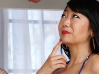 Tall Asian beauty Miko Dai sucking cock under a milking table & riding on top - Photo #12