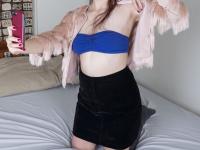 Small-titted babe Calliope probing her hairy pussy with a finger up close - Photo #2