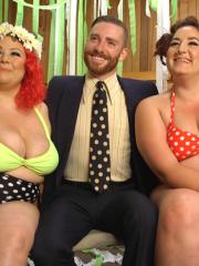 Fat women spit roast a submissive man before letting him fuck them