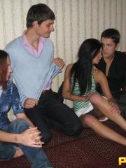 Teen nymphos take off their clothes & share their BFs' cocks in hot groupsex