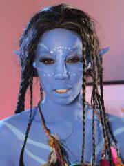 Cosplay beauty Misty Stone takes cock in nothing but blue body paint