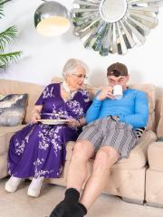 Fat blonde granny in glasses Caroline V gets pounded in a garter belt