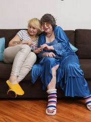 Old woman Sharon Amore and her stepdaughter Nadine partake in a threesome