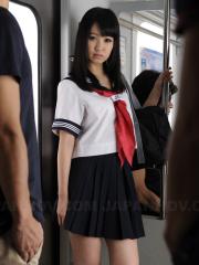 Japanese coed Yayoi Yoshino is stripped mostly naked on public transportation