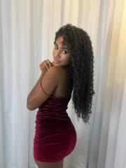 Cute ebony girl models a short red velvet dress as well as a black top and jeans
