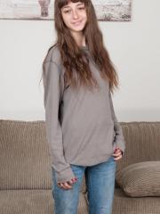 Slender teen Willow takes off her jeans, shows her small tits and furry vagina