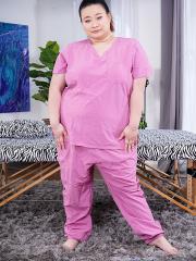 Asian BBW Thicc Asian Kai releases her saggy tits and big butt from pink scrubs