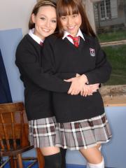 Lesbian schoolgirls Carla Brown and Lily strip & pose in their lingerie
