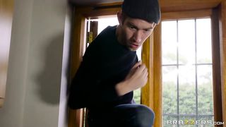 Ebony housewife gets lucky with massive white cock