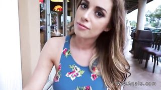 Lovely lady in flower printed summer dress sucked a huge dick before she got fucked from behind