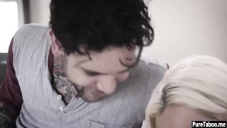 Tattooed guy is fucking a smoking hot, blonde babe, while her boyfriend is out of town