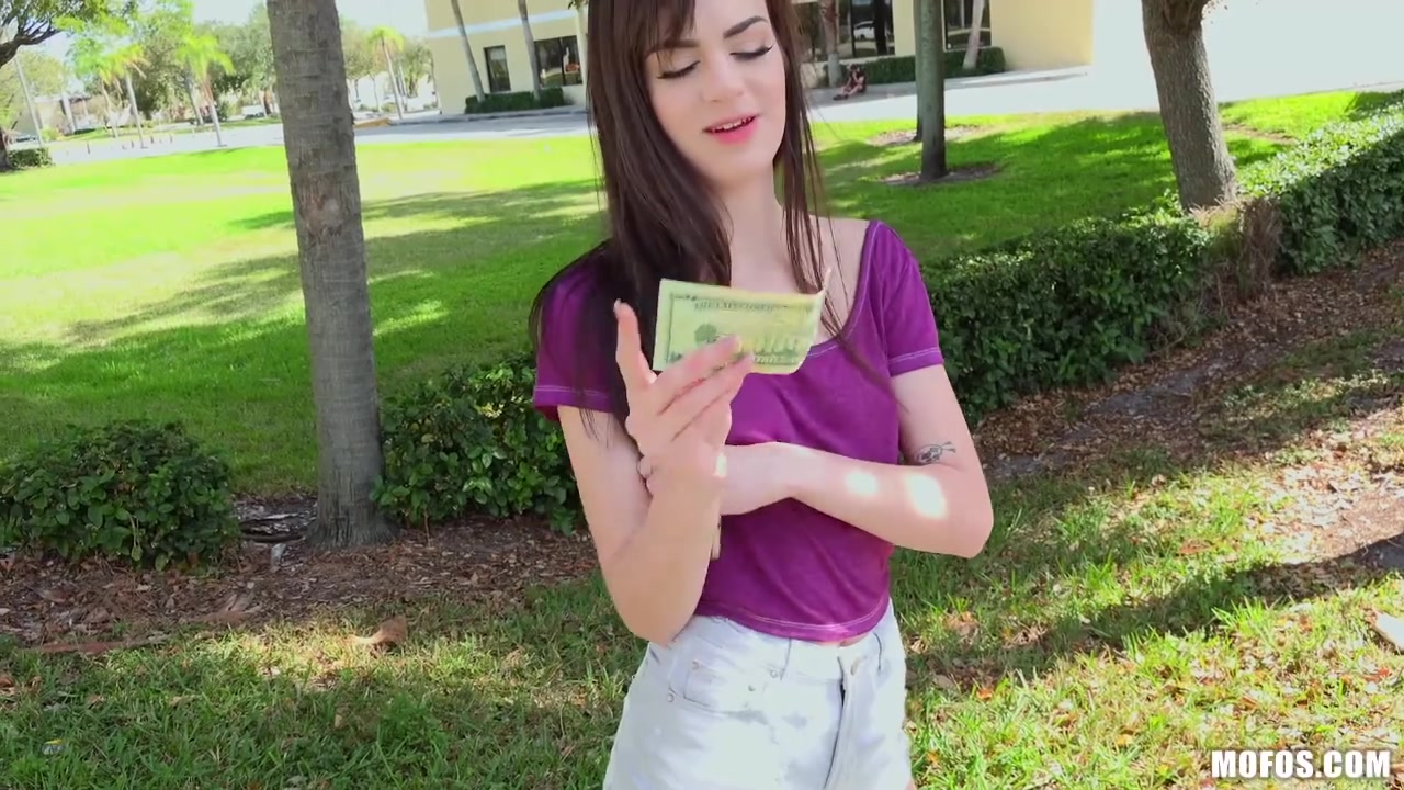 Skinny brunette cutie flashes tiny boobs for cash