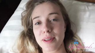 Sweet blonde babe with a pretty smile is getting filled up with cock and fresh cum