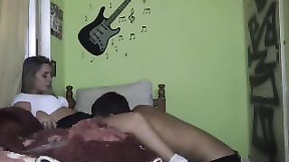 Blonde chick is sucking her friend's cock and getting fucked in his small bedroom, all day long