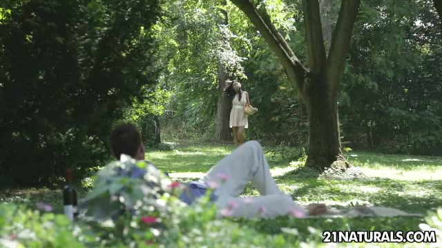 Mysterious brunette and a guy she met in the forest are making love during the sunset