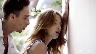 Cute girl in flower printed skirt is getting fucked outside her home as well as on the couch