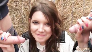 Angela is a sweet, cock loving chick who is about to have a threesome, in the field
