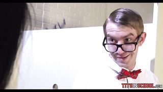 Nerdy guy is fucking a slutty schoolgirl in a school bathroom, in the middle of the day