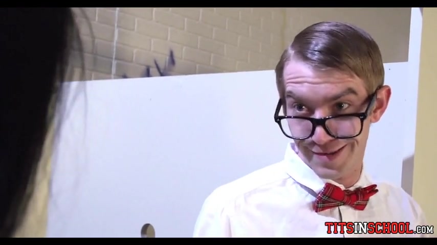 Nerdy guy is fucking a slutty schoolgirl in a school bathroom, in the middle of the day