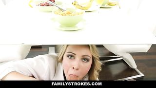 Pretty blonde is sucking her step- dad's dick and fucking him in a huge bed