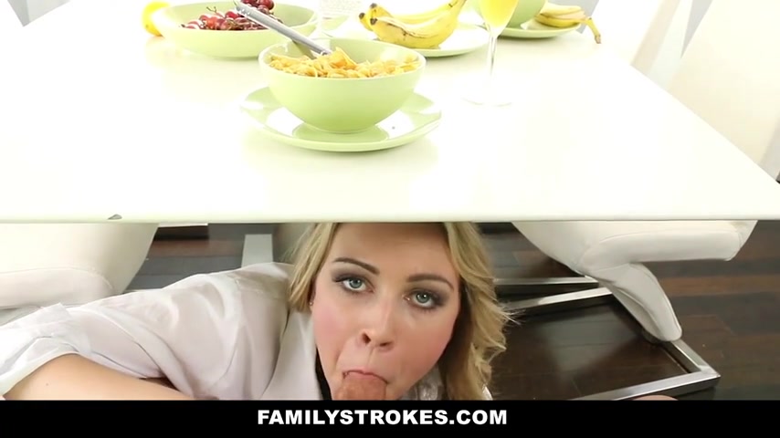 Pretty blonde is sucking her step- dad's dick and fucking him in a huge bed