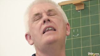 Slutty college blondes are sucking their elderly professor's dick in front of their classmates