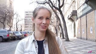 Skinny German teen with blonde hair, Kinuski likes to get down on her knees and suck cock