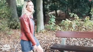 Kinky blonde took off her panties in a public place and spread up to offer her pussy