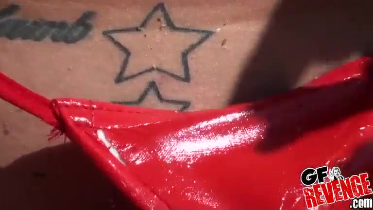 Horny brunette in red bikini went to the beach looking for someone to fuck her brains out