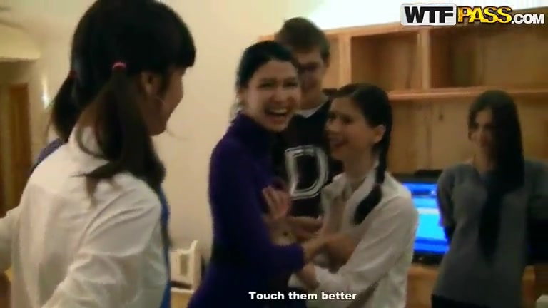 Pigtailed brunette and all of her friends were done with exams and celebrating it in the dorm