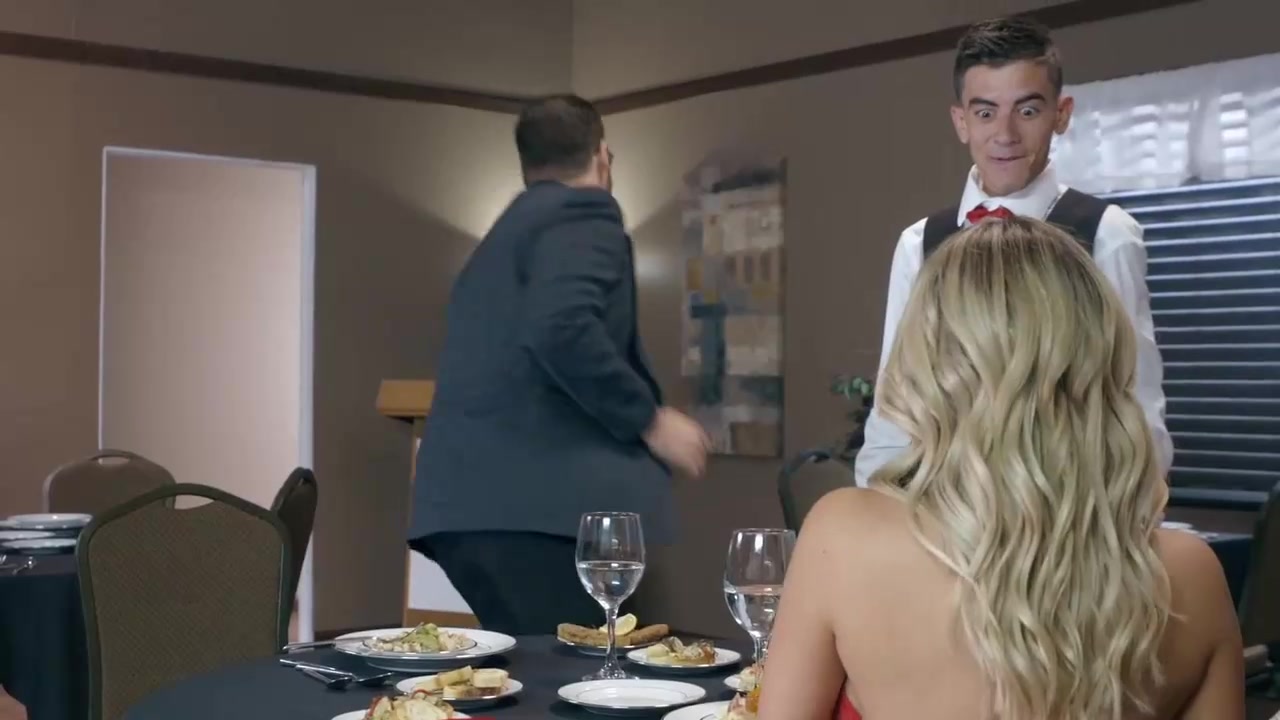 Seductive blonde woman in a sexy, red dress, Kat Dior is getting fucked after a fancy dinner