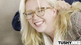 Blonde babe and a guy she likes a lot are about to have sex on the couch