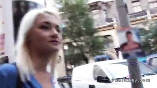 Russian blonde teen is being fucked in her pussy from behind, while in the public