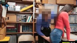 Cute brunette shoplifter gets fucked hard on a table
