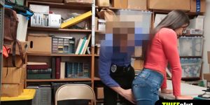 Cute brunette shoplifter gets fucked hard on a table
